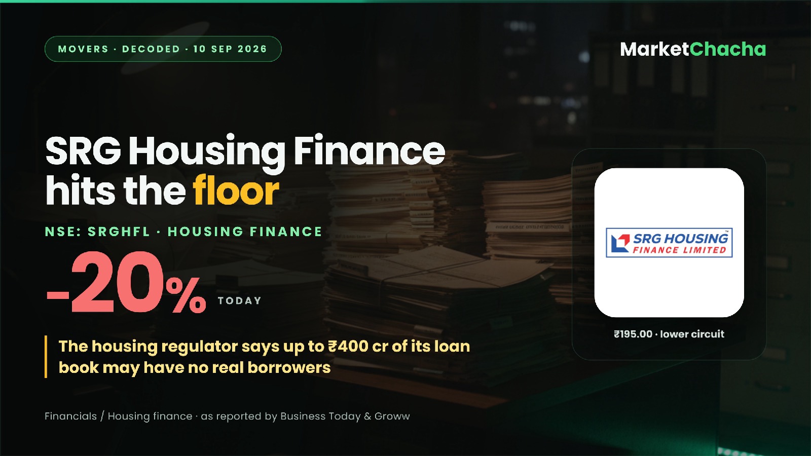 Why did SRG Housing Finance crash 20%? The NHB says a third of its loan book may not have real borrowers